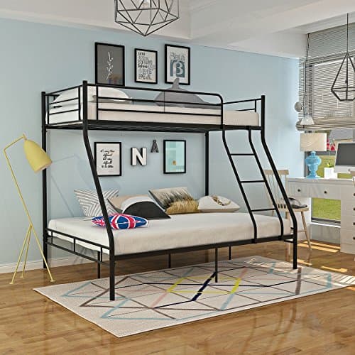 Image of Panana Triple Sleepers Metal Bunk Bed Frame Top 3FT Single Bottom 4FT6 Double Bed Bedroom Dorm Apartment Furniture for Adults Twins Teenagers Children (Black)