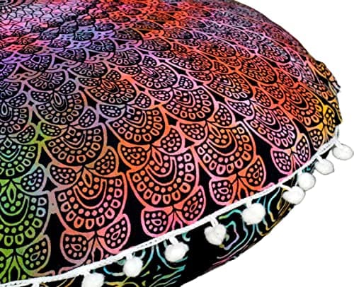 Image of Round Mandala Floor Pillow Cover Seating Cushion Throw Cover Hippie Decorative Bohemian Ottoman Pouf Cover, Pom Pom Pillow Cases,Boho Indian 22 Inches (Multi Peacock)