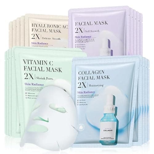 Image of 20 Pcs Hydrating Face Mask – Collagen + Centella + Hyaluronic Acid & Vitamin C Facial Masks – Instant Skin Boost, Brightening, Moisturizing, & Refreshing Treatment for Dehydrated, Dull, and Tired Skin