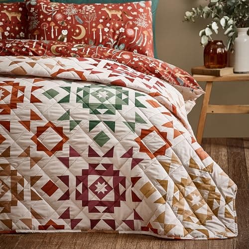 Image of Catherine Lansfield Autumn Patchwork Geo Quilted 220x230cm Bedspread Natural