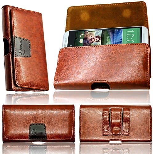 Image of HTC Desire 530 Gorilla Tech® Hand Made Luxury Designer Leather Case Holster Belp Pouch Securely Attaching To Your Belt with Two Loops And One Clip, Strong Twin Magnet Flip Safe Secure And Stylish Real Stitching And Soft Microfiber Interior Cover - Colour Brown