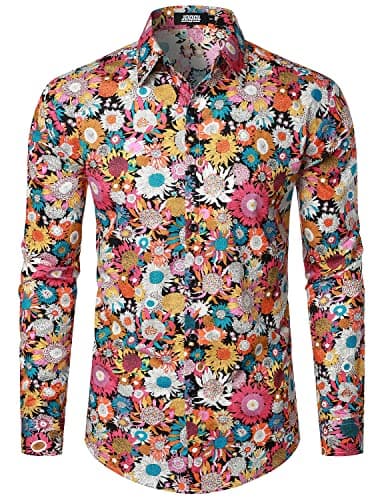 Image of JOGAL Mens Regular fit Floral Dress Shirt Long Sleeve Printed Casual Button Down Shirts Black Daisy Large