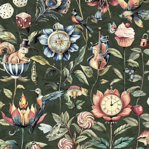 Image of Curious Creatures Eclectic Hand-Drawn Style Animals and Objects Wallpaper Perfect for Restrooms, Feature Walls, Hallways in Emeral Green Holden 13921