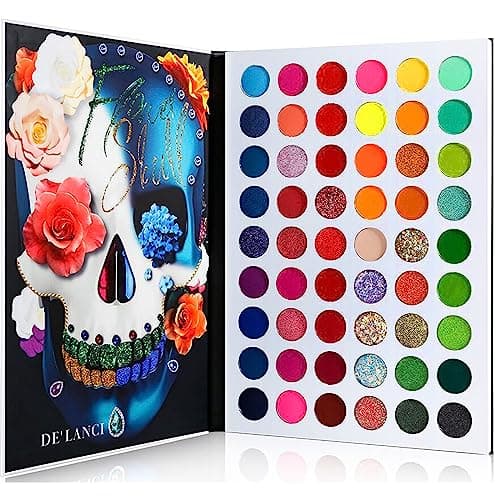 Image of DE'LANCI La Catrina Makeup Pallet Glitter Eye Shadows Palette with Professional 54 Colour Board Matte & Shimmer Makeup Eye Shadow Highly Pigmented UV Glow Blacklight Fluorescent Neon Eyeshadow Palette