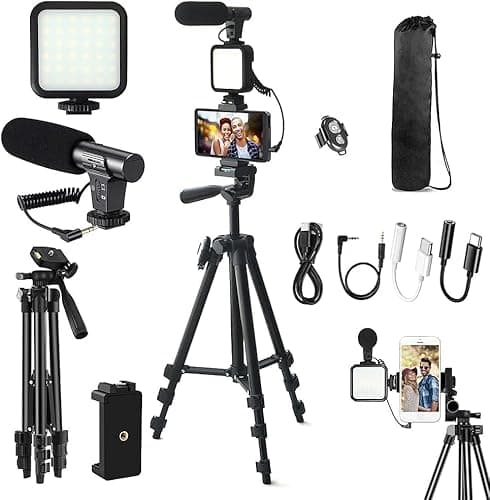 Image of Ultimate Vlogging Kit: 50" Extendable Tripod, Microphone, Light, Remote for iPhone/Smartphone/Cameras - Perfect YouTube Starter & Video Maker Kit (Android and iPhone Compatible, Rechargeable LEDs)