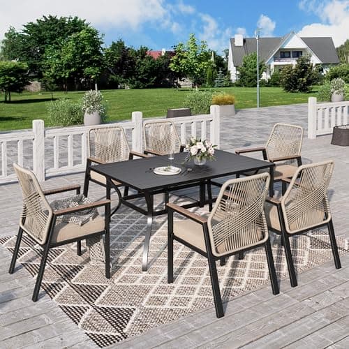 Image of PHI VILLA Garden Table and Chairs for 6, 6-seater Rattan Patio Furniture Set with 1 Rectangular Metal Table and 6 Heavy Duty Dining Chairs, 7 Pieces Outdoor Dining Set with Umbrella Hole