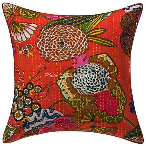 Image of Stylo Culture Cotton Indian Bedroom Sofa Scatter Cushion Orange 40 x 40cm Tropicana Cushion Cover Kantha Printed 16 x 16 Inches Kids Throw Pillow (1 Pc)