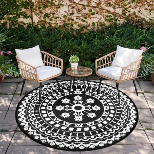 Image of Capslpad Round Outdoor Rug for Patio ø150cm Reversible Mat Waterproof Plastic Straw Rug Boho Round Indoor Outdoor Area Carpet for RV,Backyard,Balcony,Deck,Tent,Picnic,Beach,Camping,w/Carry Bag