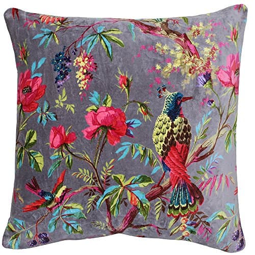Image of Riva Paoletti Paradise Square Polyester Filled Cushion Purple-Colourful Bird Print-Faux Velvet Fabric-Machine Washable-100 Case (20" x 20" inches) -Designed in The UK, Cotton, Mink, 50 x 50cm