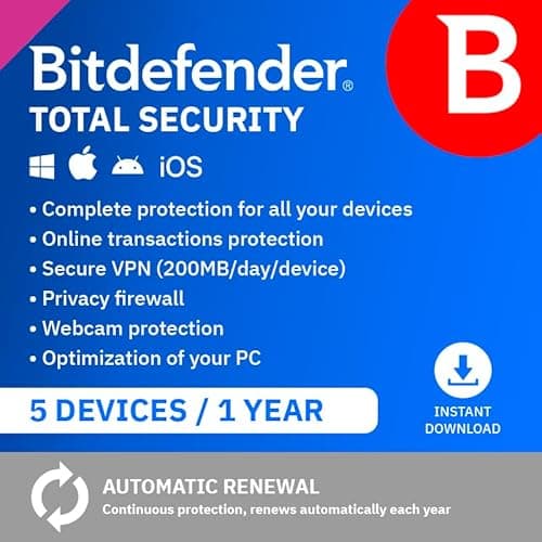 Image of Bitdefender Total Security 2026| 5 Devices | 1 Year | PC/Mac/iOS/Android | Activation Code by Email | Automatic Renewal