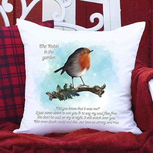 Image of Decorative Robin Memorial Cushion Cover, 40 x 40 cm, White with Verse, Zip Fastening