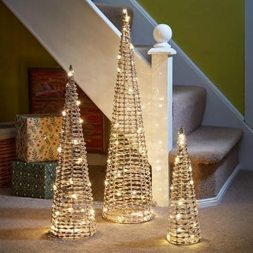 Image of Three Kings 80cm Glittertwist Set Of 3 Gold Light Up Cone Christmas Trees (2532075)