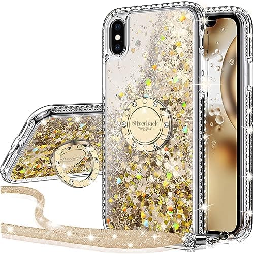 Image of Miss Arts iPhone X/XS [Silverback] Moving Liquid Holographic Sparkle Glitter Case With Kickstand, Bling Diamond Ring Stand for Girls Women - Clear Gold