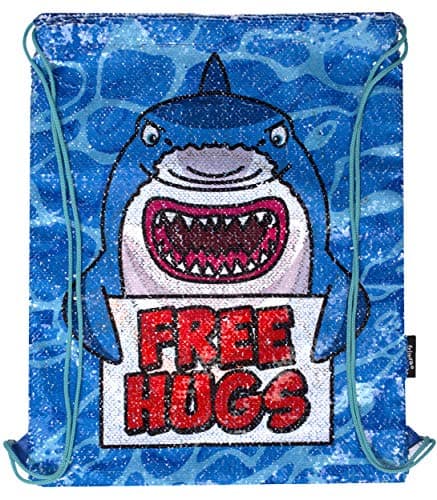Image of Fringoo - Childrens Reversible Sequin Kids Drawstring Bags | Perfect for PE Kit Bag, Girls Swimming Bag, Boys Large Gym Bag Or School Backpack | Water Resistant - 43 x 34 cm - Shark Free Hugs
