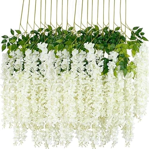 Image of 12Pcs Artificial Wisteria Flowers 43 inch/Piece White Dense Artificial Fake Wisteria Vine Ratta Hanging Garland Silk Flowers String Home Party Wedding Decor(White-Dense）