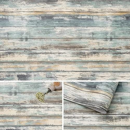 Image of Arthome Blue Rustic Wood Paper 43.5cmx305cm Self-Adhesive Removable Wood Peel and Stick Wallpaper Vinyl Decorative Plank Film Wall Covering for Furniture Easy to Clean Wooden Grain Paper