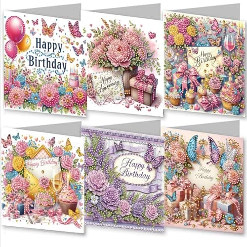 Image of Awesocrafts 6pcs Diamond Art Christmas Cards Kits Happy Birthday, Anniversary DIY Diamond Painting Cards Sets, 5D Crystal Art Card with Envelopes, Postcards for Handmade, Xmas 30 * 15cm (Happy)