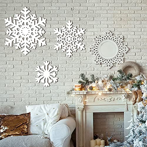 Image of Jetec 3 Pieces Christmas Wall Snowflake Wooden Sign Decoration for Wall Christmas Snowflake Shape Ornaments 3 Sizes Hanging Plaques Rustic Wood Holiday Ornaments for Bedroom Living Room(Vivid Style)
