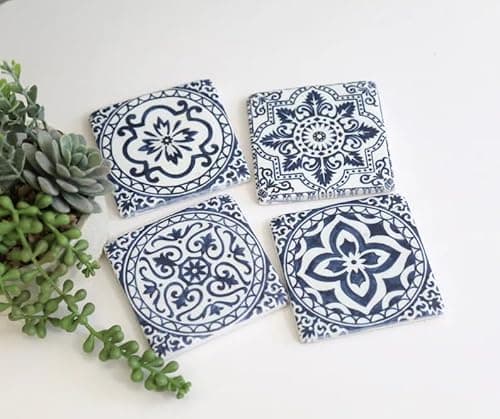 Image of Ceramic Mediterranean Coasters Set of 4 Blue Geometric Tiles Cork Backed Decorative Cup Table Mats