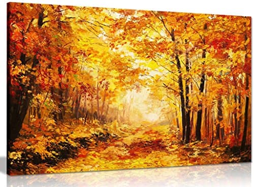 Image of Abstract Vivid Oil Painting Colourful Orange Yellow Autumn Forest Leaves Canvas Wall Art Picture Print (36x24in)