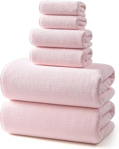 Image of REDKISS 6 Piece Pink Towel Set - Extra Large Microfibre Bathroom Towels Set, 2 Bath Towels, 2 Hand Towels, 2 Flannels, Super Soft, Absorbent and Quick Dry Pink Towels for Bathroom, Gym, Spa & Hotel