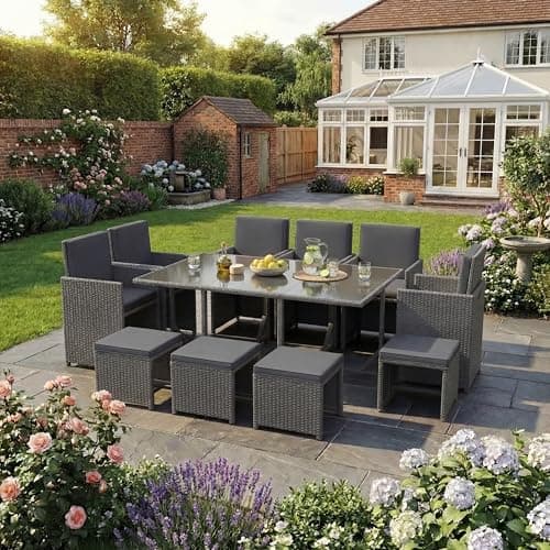 Image of Garden Vida Cuba 10 Seater Rattan Set | Grey | Complete Outdoor Garden Patio Dining Table Set | Steel Frame & PE Wicker | UKFR Certified | Weather Resistant, Tempered Glass, With Cushions