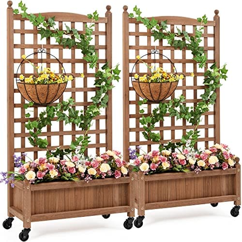 Image of Yaheetech 2Pcs Wooden Planter with Trellis, L64 x W29 x H127 cm Freestanding Raised Bed for Climbing Plants, Vines, Flowers, Max. Load Capacity 75kg Outdoor Planter Box for Patio, Dark Brown