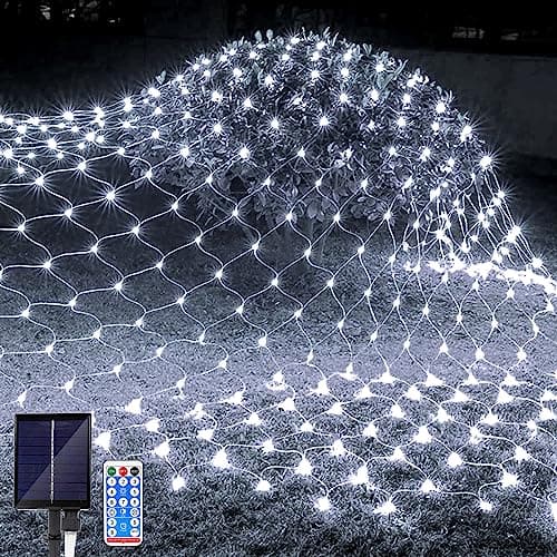 Image of JIMACRO Solar Powered Net Lights Outdoor, 2 m x 3 m 192LEDs Mesh Fairy Lights with 8 Modes, Remote Control, Waterproof Copper Wire Bush Fairy Lights for Xmas Tree Lawn Bushes Garden Décor
