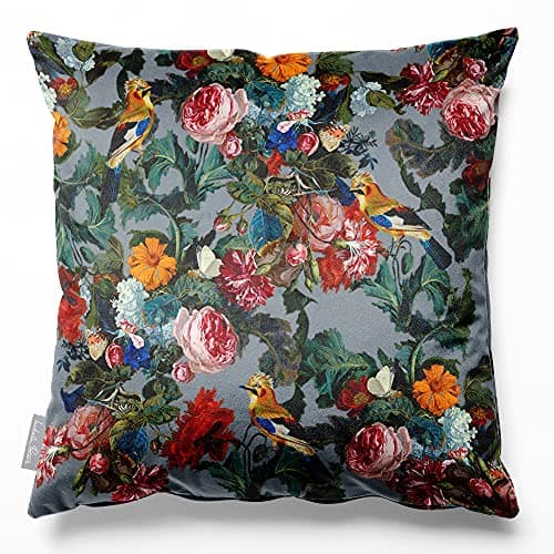 Image of Izabela Peters 40 cm Birds in Paradise - French Grey Velvet Cushion, Eco-Friendly, 1 Count, Square, Floral, Living Room Decor