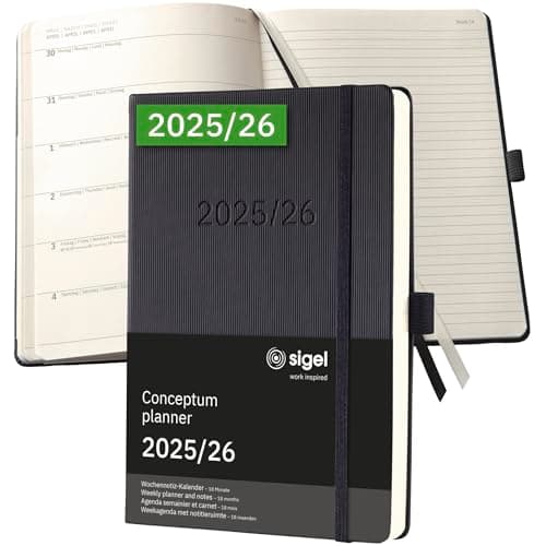 Image of SIGEL C2603 Weekly planner and notes Conceptum 2025/2026-18 months - approx. A5 - black - 2 pages = week on left/notes on right - hardcover - 80 gsm - 256 p. - PEFC-certified
