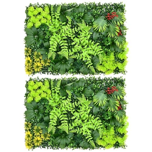 Image of 2 Pcs Artificial Living Wall Panels, 60x40cm Grass Plant Wall Panels Green Privacy Living Wall Fence Screening Home Garden Spring Leaf Backdrop for Indoor or Outdoor Garden Home