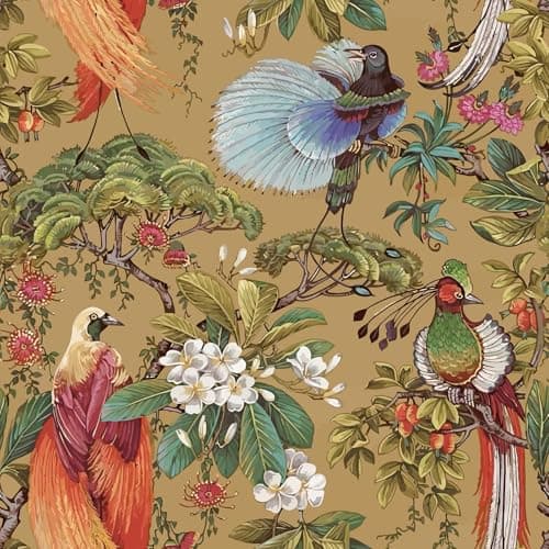 Image of VEELIKE Oriental Ochre Yellow Bird Wallpaper Self Adhesive Chinoiserie Floral Wallpaper for Bedroom Bathroom 44.5 cm x 300 cm Wall Mural Wall Paper Removable Sticky Back Plastic Roll Renter Friendly