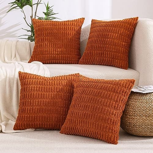 Image of All Smiles Cushion Covers 45x45 cm Decorative Throw pillow covers Rustic Boho Farmhouse Home Corduroy Square Cushion Case 18x18 Set of 4 for Living Room Couch Bed Sofa, Rust Terracotta Orange