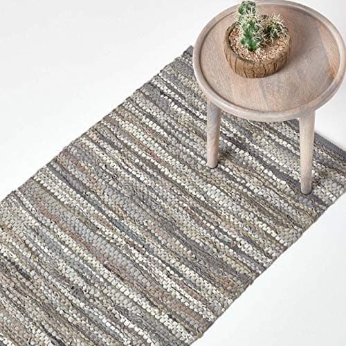 Image of HOMESCAPES Leather Rug Denver Grey Hall Runner - Recycled Eco-Friendly 100% Real Leather, Multipurpose