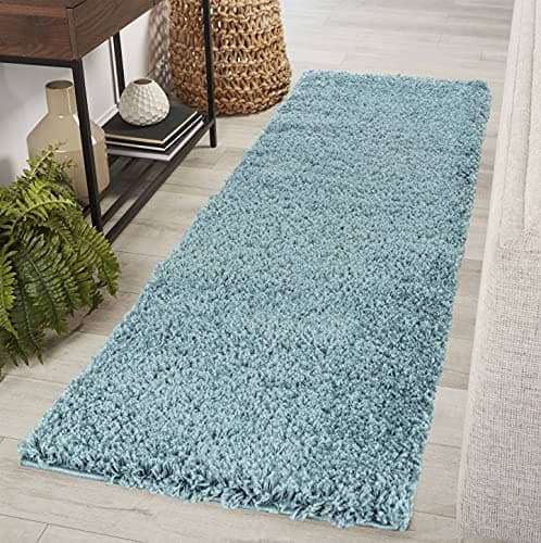 Image of Serdim Rugs Living Room Hallway Runner Shaggy Rugs, Polypropylene, Duck Egg Blue, 60x220cm(2" x7'3)