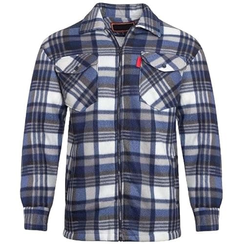 Image of Mens Padded Lumberjack Flannel Shirt Jacket – Thick Quilted Check Work Shirt Coat with Faux-Fur Lined Hood/Collar, Thermal Fleece Lined, Heavy Duty Workwear Unisex Casual Coat Collared Blue 3XL