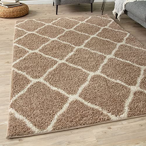 Image of THE RUGS Shaggy Rug – Modern Moroccan Design Rugs for Living Room, Bedroom, Hallway, 3 cm Thick Area Rugs, (Moroccan Beige/Ivory, 80x150cm)