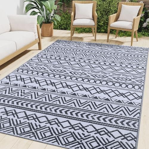 Image of smiry Outdoor Rug for Patios Waterproof, Anti-slip Reversible Garden Rugs Plastic Straw Carpet UV Resistant Area Rugs for Camping, Deck, Beach, Picnic, Backyard(120 X 180 cm, Black & White)