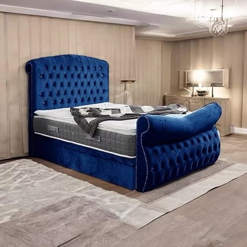 Image of 4FT Small Double Chesterfield Luxury Sleigh Bed Frame With Mattress And Headboard Upholstered In Plush Velvet Blue Bed Wooden Slats - No Storage (Blue, 4FT Small Double With Mattress)