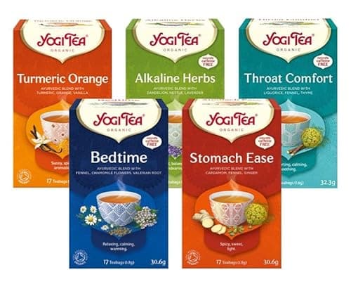 Image of Yogi Teas 5 x 17 Bags Mixed Case Selection,Alkaline Herbs,Turmeric Orange,Throat Comfort,Bedtime,Stomach Ease Herbal Tea, Naturally Caffeine Free Tea