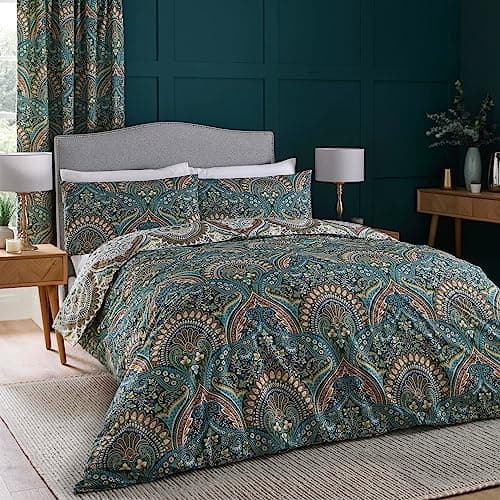 Image of Dreams & Drapes Teal Jacobean Duvet Cover Set – King Size (230 x 220cm) – Reversible Moroccan Boho Bedding – Exotic Persian Quilt Cover – Soft Cotton Blend – Includes 2 Pillowcases