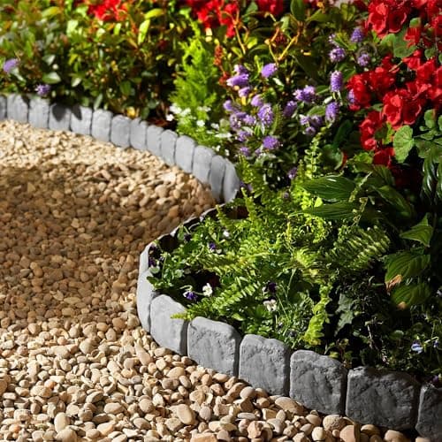 Image of Grey Cobbled Stone Effect Garden Lawn Edging Plant Border | Simple tap In | 10 Pack 2.4m length | Interlocking Garden Edging for Flower Bed Fence Lawns Grass Bordering