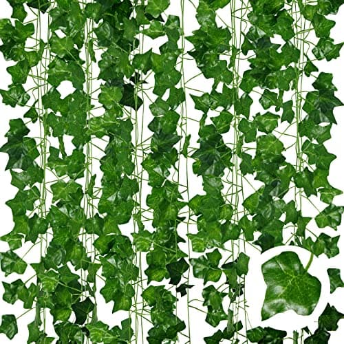 Image of ADORAMOUR Artificial Ivy Garlands - 6Pack 210cm Length - Realistic Fake Vines for Room Aesthetic and Garden Wall Decoration for Indoor Outdoor, Green Faux Leaves Plastic Hanging Plants Greenery Decor