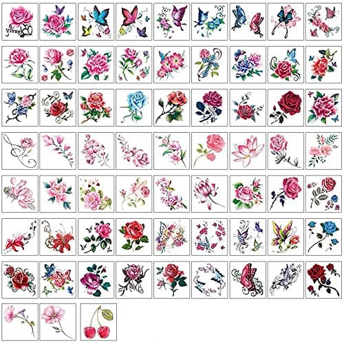 Image of Yesallwas 66 Pcs Temporary Flower Tattoos Stickers Rose Peony Butterflies Blossoms Flash Tattoo for Kids Girls Teens