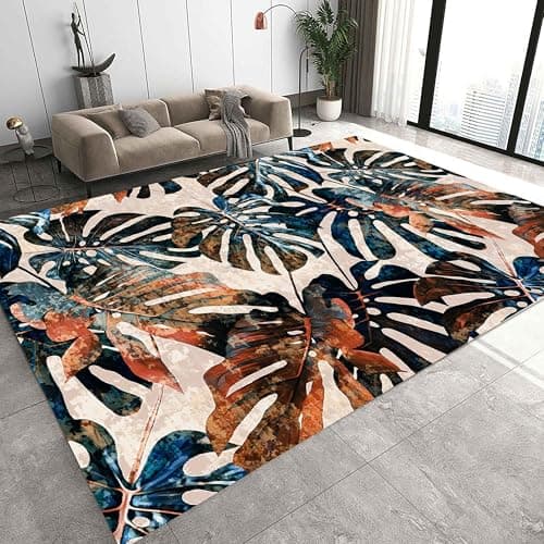 Image of Kuluoits Middle Ages Abstract Rug 60x110cm Blue Orange Monstera Leaf Area Rug, Tropical Plant Graffiti Indoor Non-Slip Rugs, Soft Washable Carpet for Family and Pet Living Room Sofa Bedroom Balcony