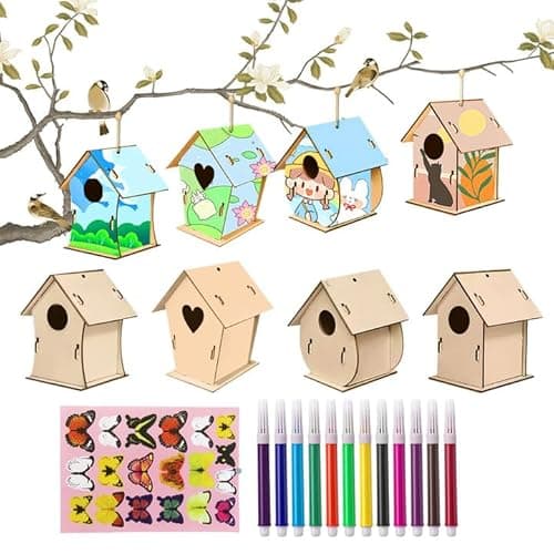 Image of 8 Pcs DIY Bird House Kit Kids, Wooden House Craft Kits for Children, Craft Box for Kids to Build and Paint Birdhouse, Wood Painting Kits for Girls and Boys, Includes Butterfly stickers&Brushes