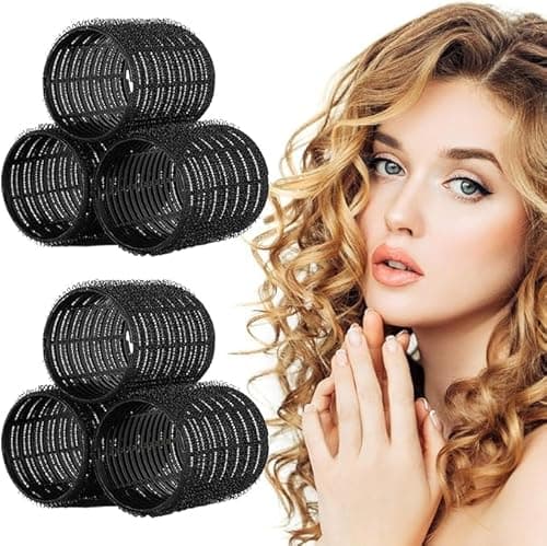 Image of AMJKEJI 6 Pcs Hair Curler Rollers Large Velcro Rollers for Long Short Hair, Styling Self Grip Roller 60mm Hairdressing Tools for Women Home Travel Hair Salon (Black)