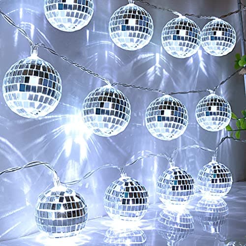 Image of AceList 20 LED 9.8Ft Disco Ball String Light - Battery Powered and USB Plug, Disco Ball Lights for 70's Disco Party Decorations and Birthday Parties, Mamma Mia (Silver)