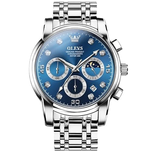 Image of OLEVS Watches for Men Big Face Silver Stainless Steel Analog Quartz Men's Wrist Watch Classic Luxury Blue Chronograph Dial Diamond Watch Men Waterproof Luminous with Date Mens Watches