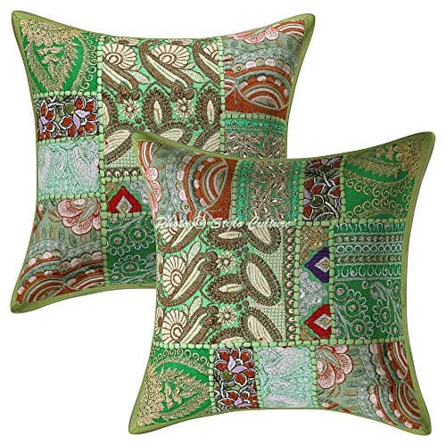 Image of Stylo Culture Ethnic Decorative Couch Sofa Seat Cushion Covers Parrot Green Patchwork 12 x 12 Inch Vintage 30 x 30 cm Cotton Bohemian Abstract Square Christmas Pillow Case Covers | Set Of 2
